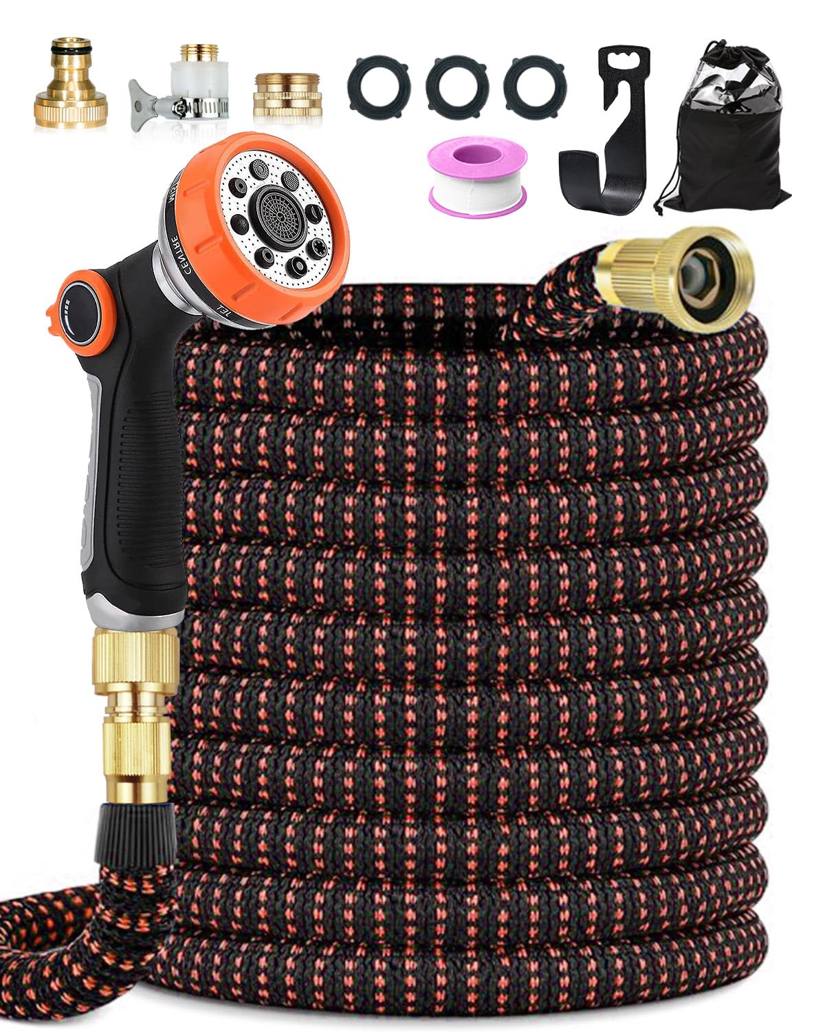 150FT Expandable Garden Hose Pipe, 45MFlexible Hose with Upgarded 10 Spray Modes and 3/4"&1/2" Metal Connectors, 4-Layer Latex Core, No-Leak Design, for Car Washing and Gardening, Thumb Switch