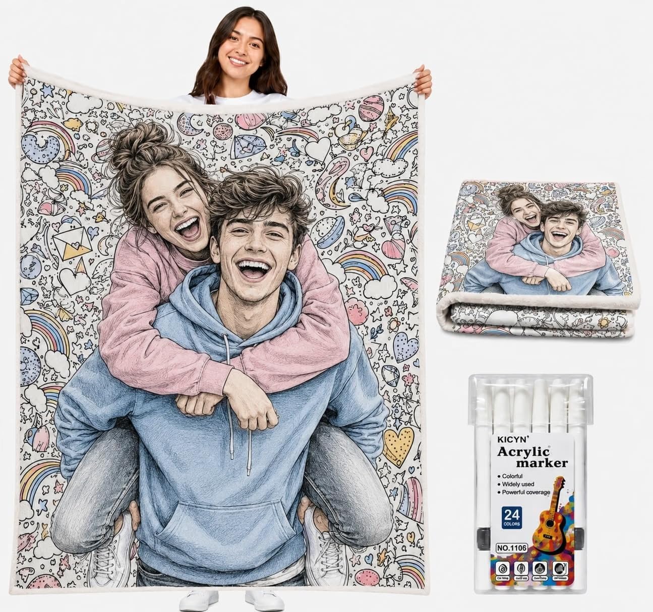 VEELU DIY Colouring Blanket with 24 Coloured Markers, Washable Colour-in Blankets for Adults, Sherpa Fleece Colouring Blanket Kit, Soft Fuzzy Velvet Creative Colour-in Throw Blanket (A5)