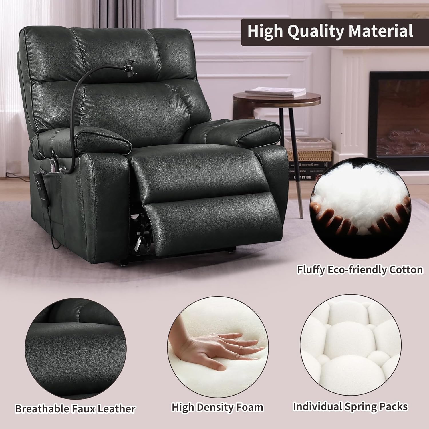 Plococo Lay Flat Power Lift Recliner Chair with Hidden Cup Holder and Adjustable Phone Holder for Elderly, Infinite Position Breathable Leather Electric Sleeping Chair with Massage,Heating