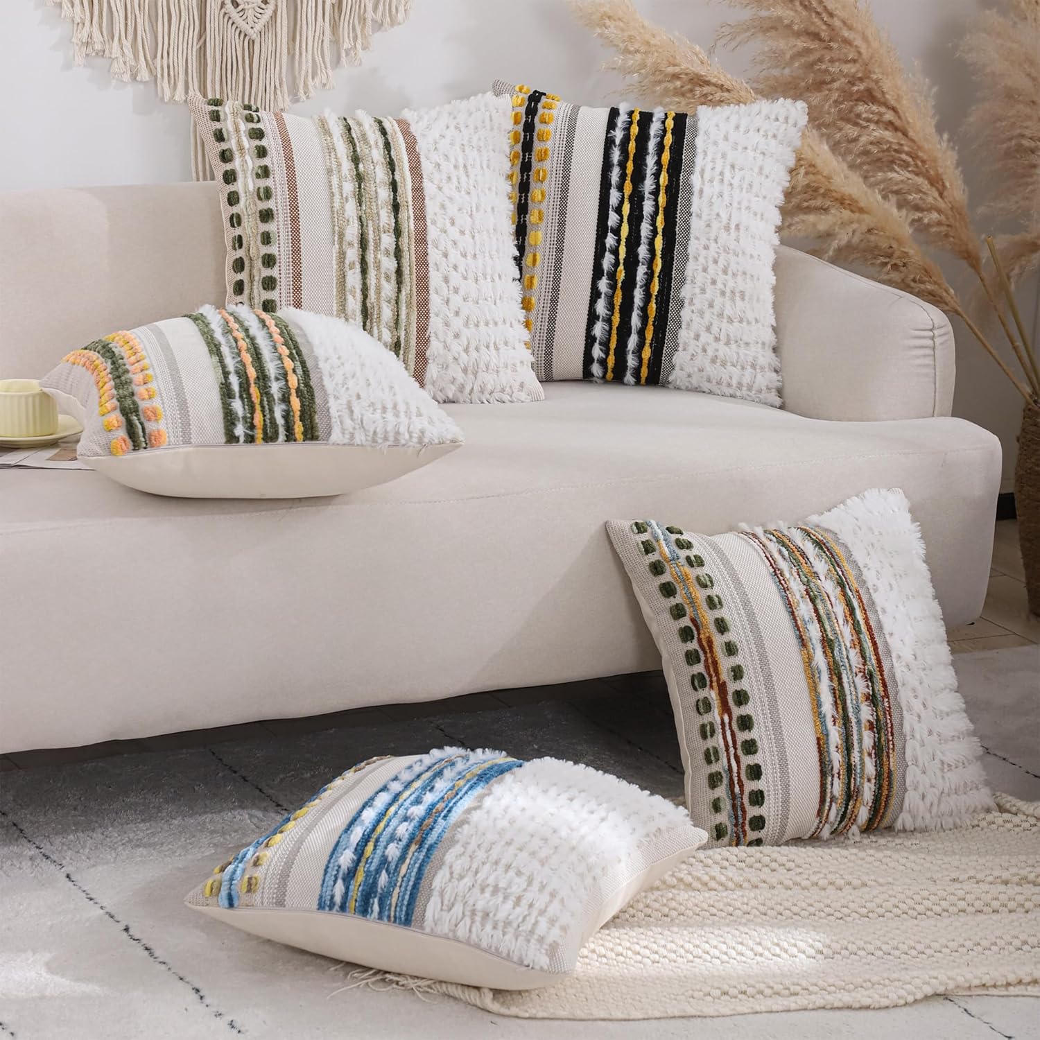 Tosleo Boho Chenille Tufted Couch Throw Pillow Covers 18x18 Inch Set of 2 Farmhouse Sky Blue Striped Decorative Pillow Covers Accent Neutral Square Pillowcase Textured Cushion Covers - Image 9