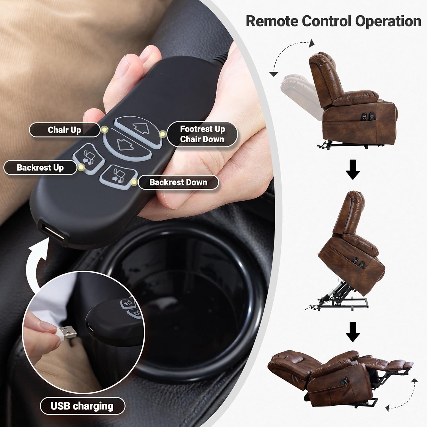 Power Lift Recliner Chair Zero-Gravity PU Recliner with Massage, Heating and Stand-Assist, Lazyboy Recliner for the Elderly, 2 Remote Controls, Large Pockets and USB Ports, Brown Leather