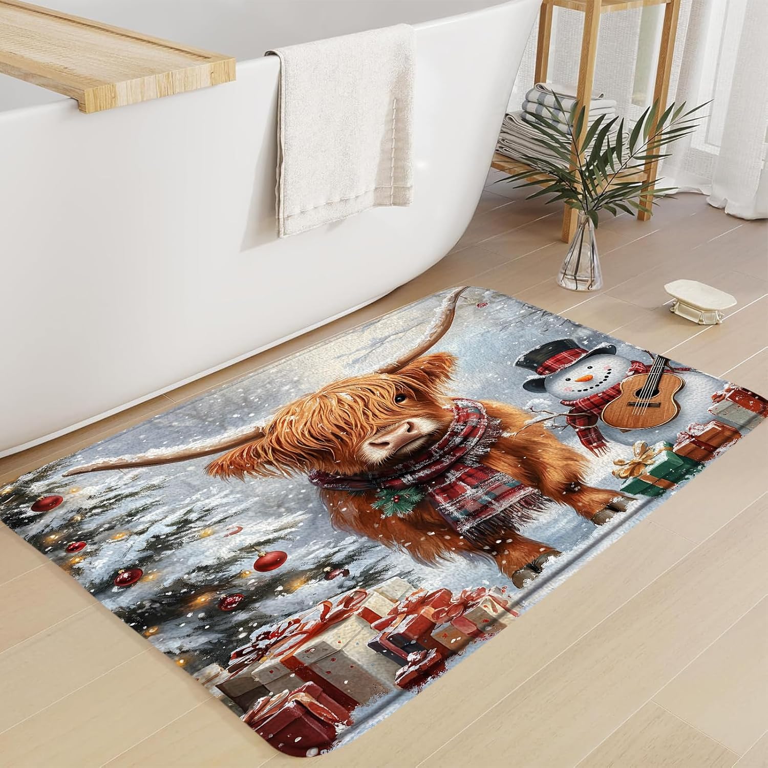 Christmas Highland Cow Bath Mat Winter Xmas Tree Cute Western Farm Animal Snowflake Snowman 24"x60" Microfiber Memory Foam Bathroom Kitchen Toilet Floor Decor Mat