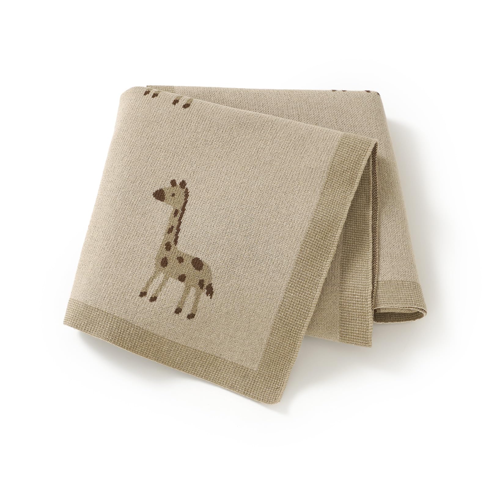 LAWKUL Baby Blanket, Organic Cotton Knitted, Giraffe Pattern, 100x80cm, Soft Newborn Receiving Blanket for Boys and Girls (Camel)