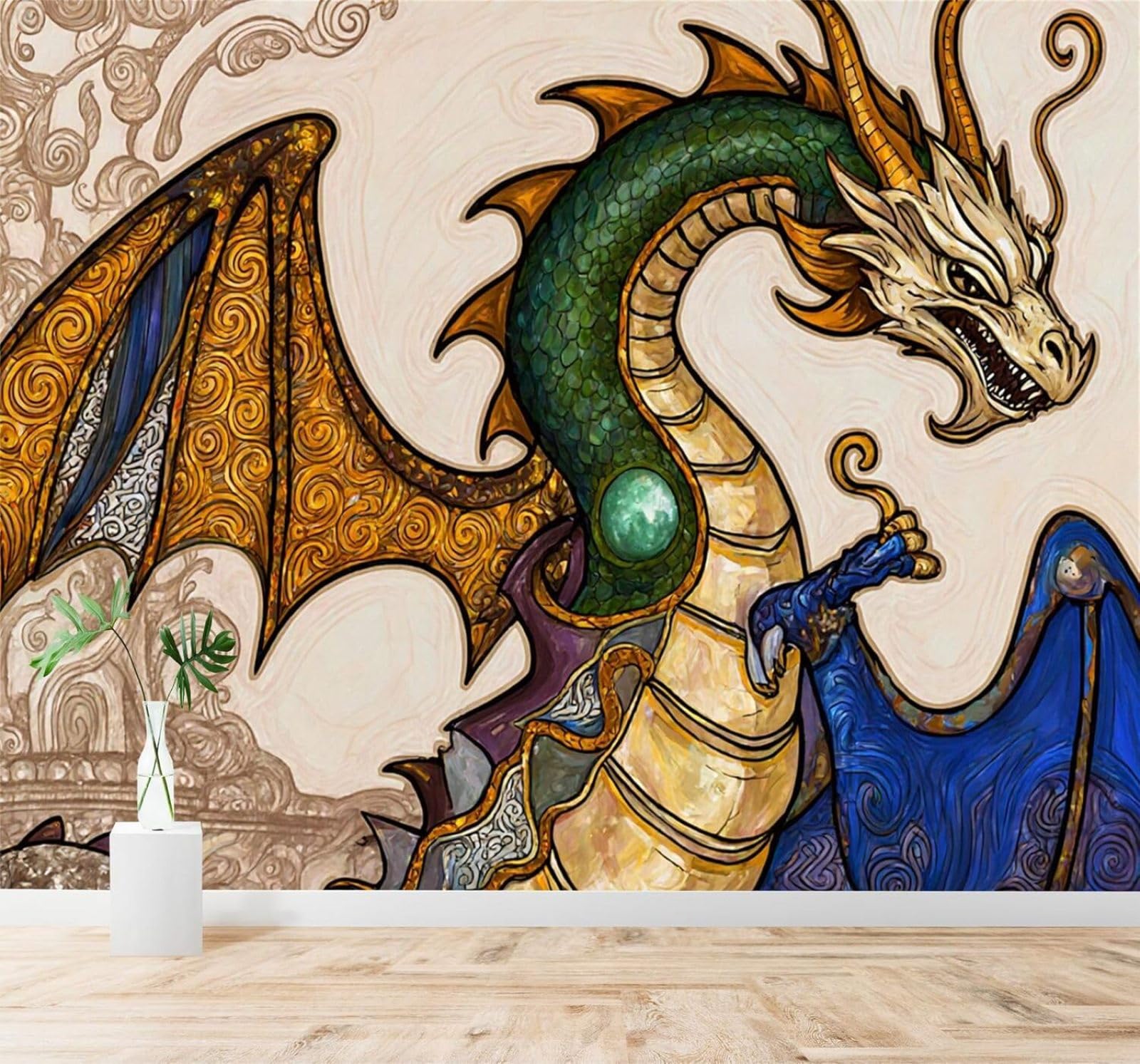 XLMING Golden Wings Green Scales Fantasy Dragon Art 3D Wallpaper Silky Texture Home Study Office Grey Dining Room Sofa Bedroom Living Room TV Backdrop-430cm×300cm