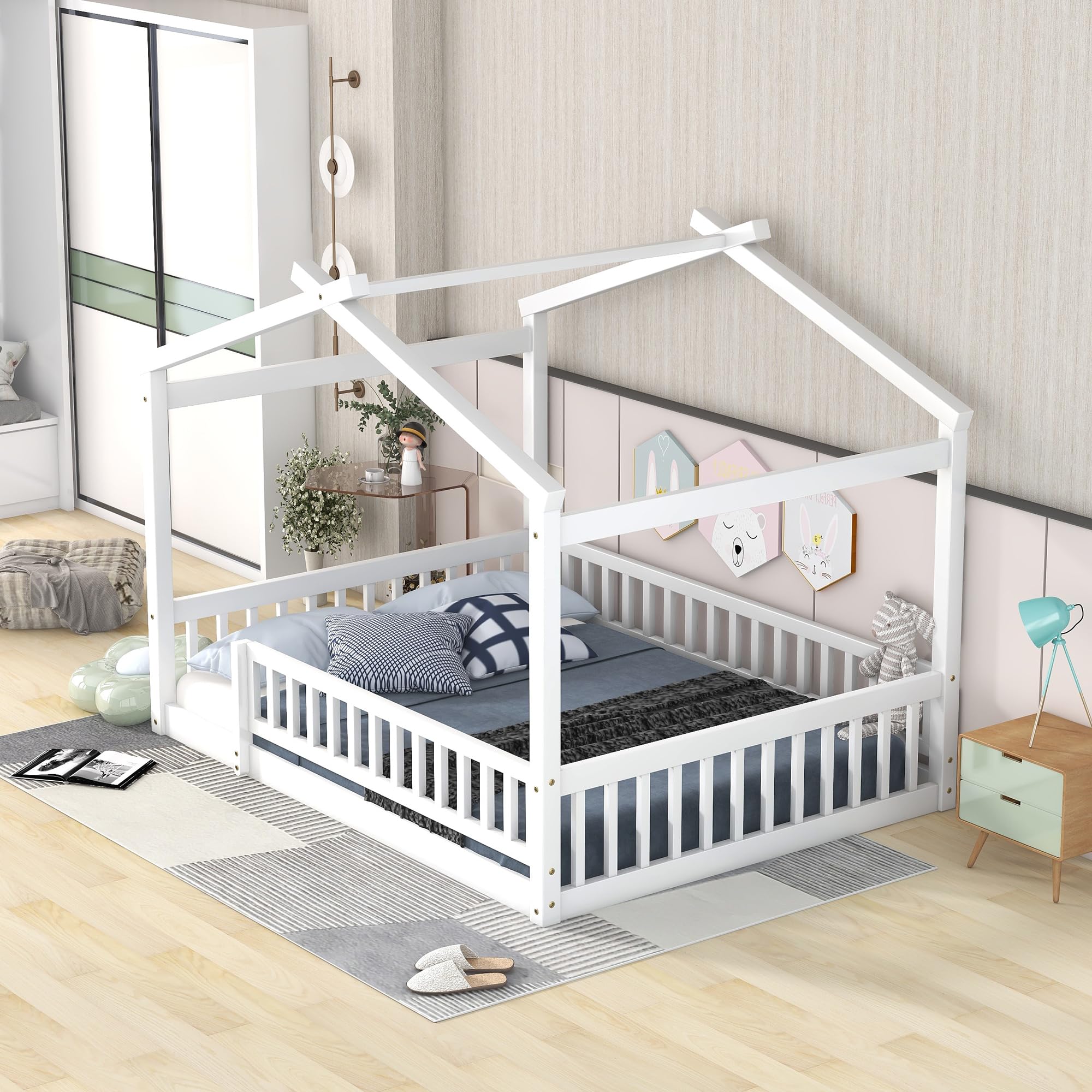 MERITLINE Full House Bed for Kids Full Montessori Floor Bed Frame with Rails and Roof, No Box Spring Needed, for Kids Teens Girls Boys (Full Size, White)