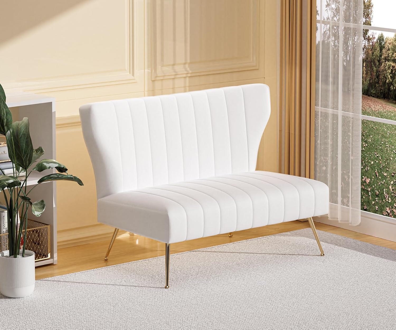 50’’ Velvet Modern Armless Loveseat for Living Room Bedroom, Upholstered Small Wingback Couch Sofa with Gold Metal Legs & 2 Seater (White, 50" Loveseat)