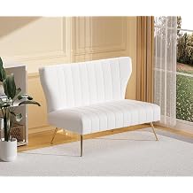 50 Velvet Modern Armless Loveseat for Living Room Bedroom, Upholstered Small Wingback Couch Sofa with Gold Metal Legs & 2 Seater White, 50" Loveseat