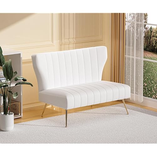 50’’ Velvet Modern Armless Loveseat for Living Room Bedroom, Upholstered Small Wingback Couch Sofa with Gold Metal Legs & 2 Seater (White, 50" Loveseat)