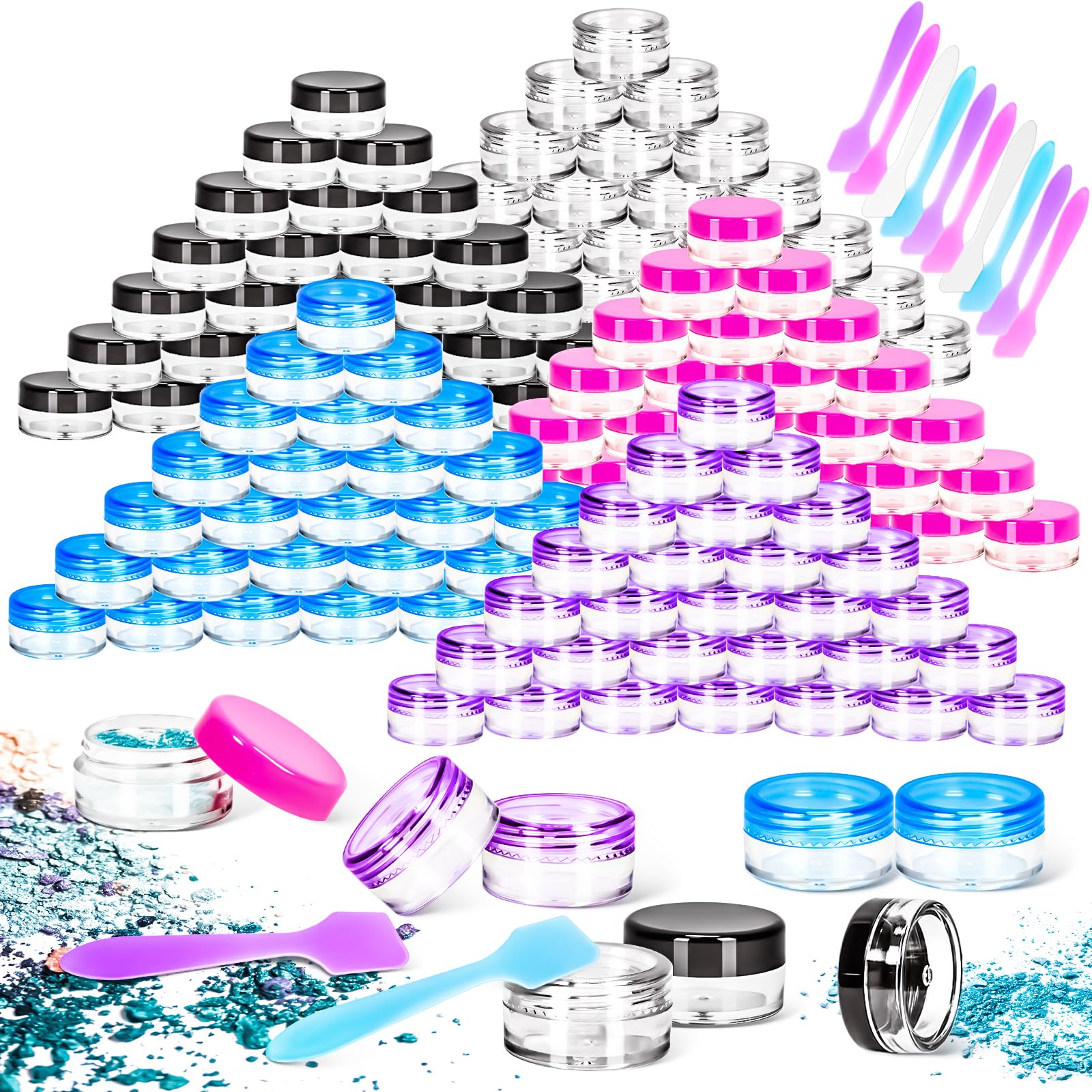 MotBach 70 Pcs 5g Empty Plastic Containers with Colored Lids,Mini Makeup Sample Containers, Small Sample Pot Jars Round Cosmetic Jars with 20Pcs Mini Spatulas for Liquid Sample Powder Creams Lotions