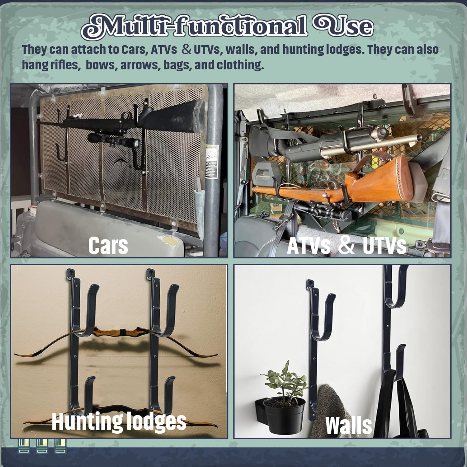 RUSFOL 2-Pack Metal Gun Racks for Truck, Durable Outdoor Truck Gun Holder for Rear Window, Adjustable Wall-mounted Gun Racks, Hang for Two Guns, Rifles, Bows, Arrows, or Tools, Used for Cars, ATV&UTV