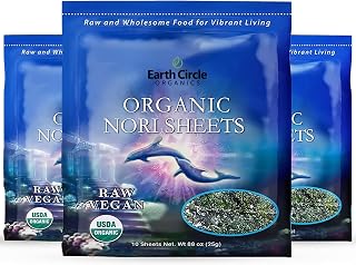 Earth Circle Organics | Raw Certified Organic Nori Seaweed | Grade "A" Rating | Unheated & Not Roasted | Vegan | Paleo & Keto Friendly | Premium Quality Nori Sheets - (10 Sheets, 3 Pack)