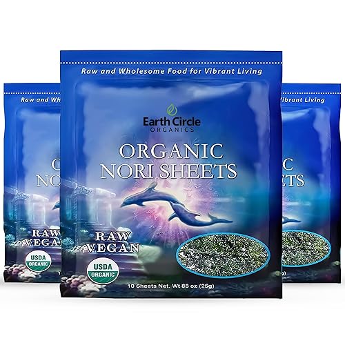 Earth Circle Organics Algas marinas Nori orgánicas certificadas sin procesar  Clasificación "A"  Sin calentar y sin asar  Veganas  Apto para paleo y