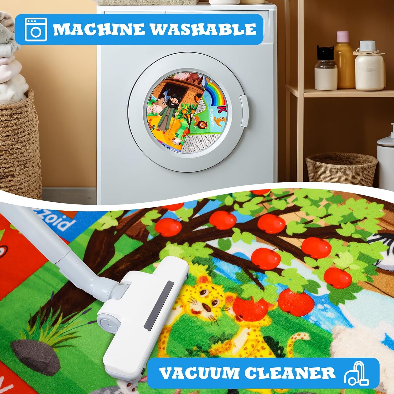 ABC Kids Rug for Playroom 110×78.7 in Noah's Ark Animals Rug Baby Play Mat Alphabet Playmat Shape Color Classroom Carpet Kids Playroom Early Learning Carpet for Preschool Toddlers Tummy