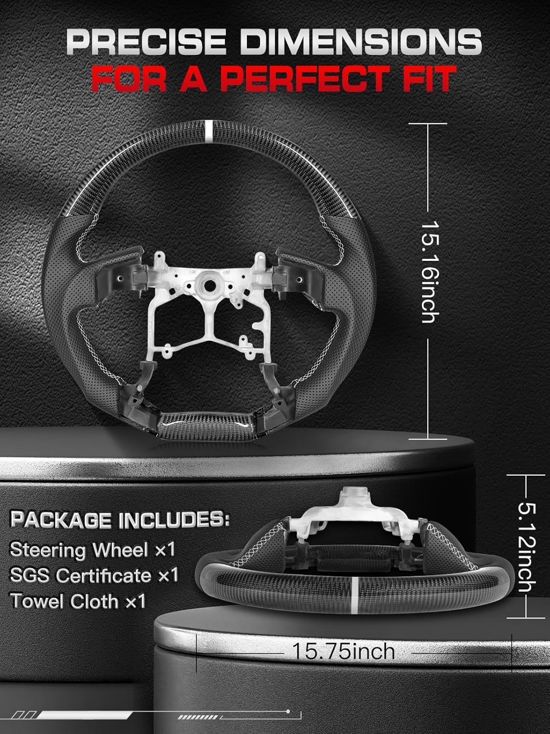 Real Carbon Fiber Steering Wheel Frame compatible with Toyota Tacoma (2012-2023), for 4Runner (2010-2024), for Tundra (2014-2021) - Black Perforated Grip, White Stitching, White Center Stripe
