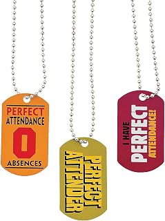 Perfect Attendance Metal Dog Tag Necklaces - 12 Pieces - Student Rewards and Classroom Supplies