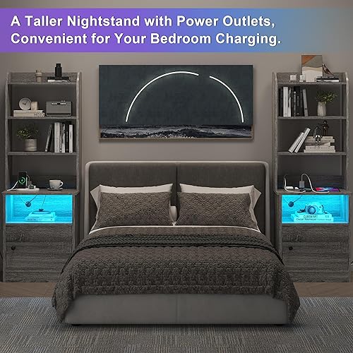 Miniatura 7 de Aufvolr Mesita de noche con estación de carga y luz LED, mesita de noche con estanterías y armario de almacenamiento, para sala de estar,