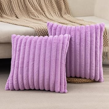 Set of 2 Light Purple Faux Fur Decorative Throw Pillow Covers Fluffy Striped Pillowcase Cushion Covers 24 x 24 Inch Decor Sofa Couch Bedroom