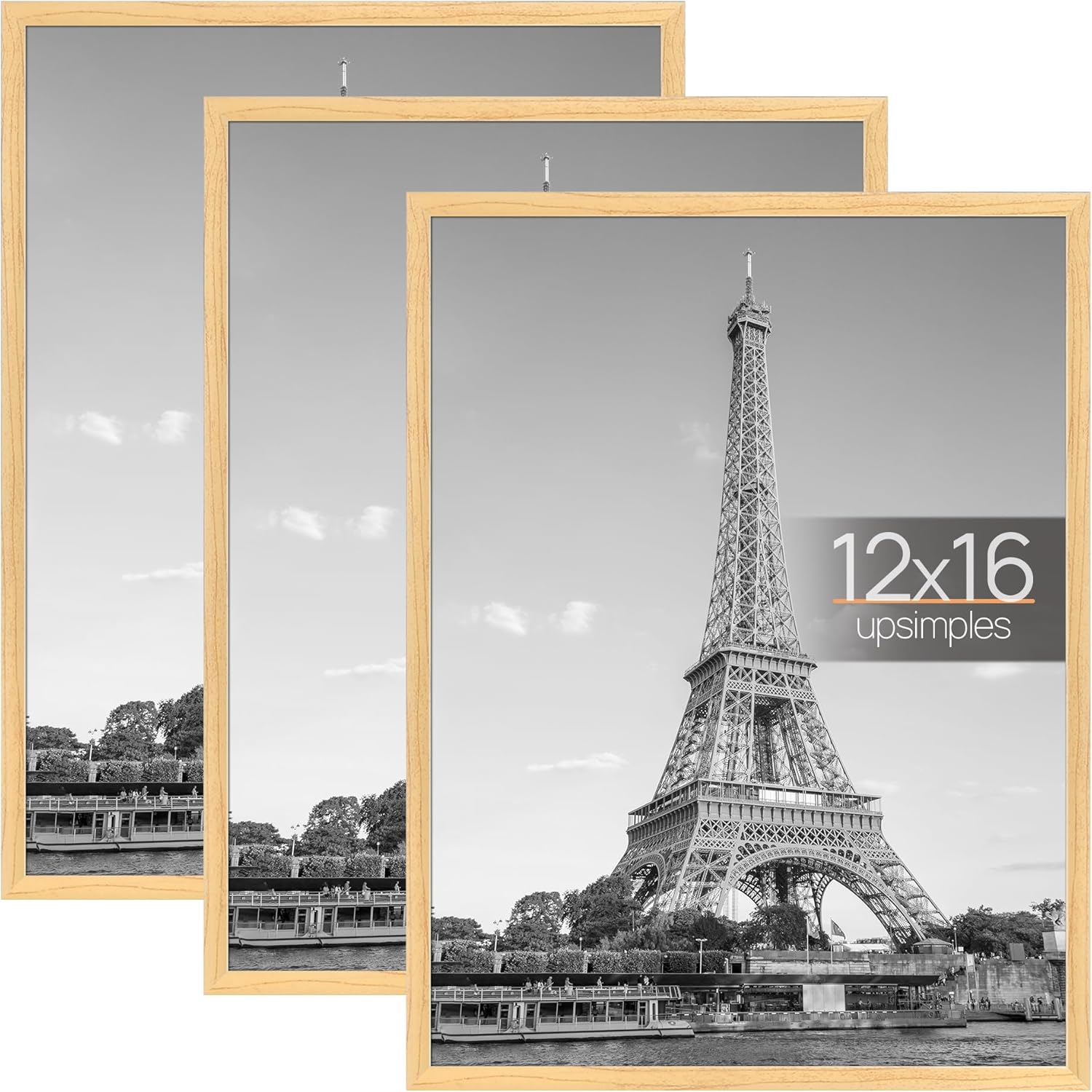 upsimples 12x16 Picture Frame Natural 3 Pack, Scratch-Proof Poster Frames 12 x 16 for Photo Gallery - Slide-In Strips, Horizontal or Vertical Wall Mounting Natural 12x16