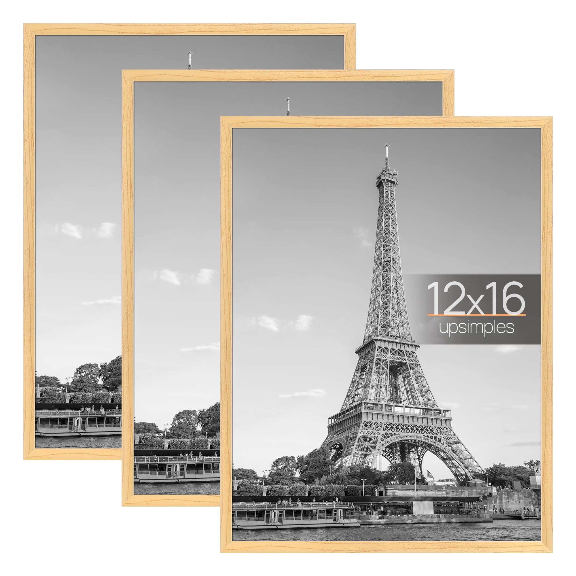 upsimples 12x16 Poster Frame, Easy Slide-In Assembly, Natural, 3 Pack