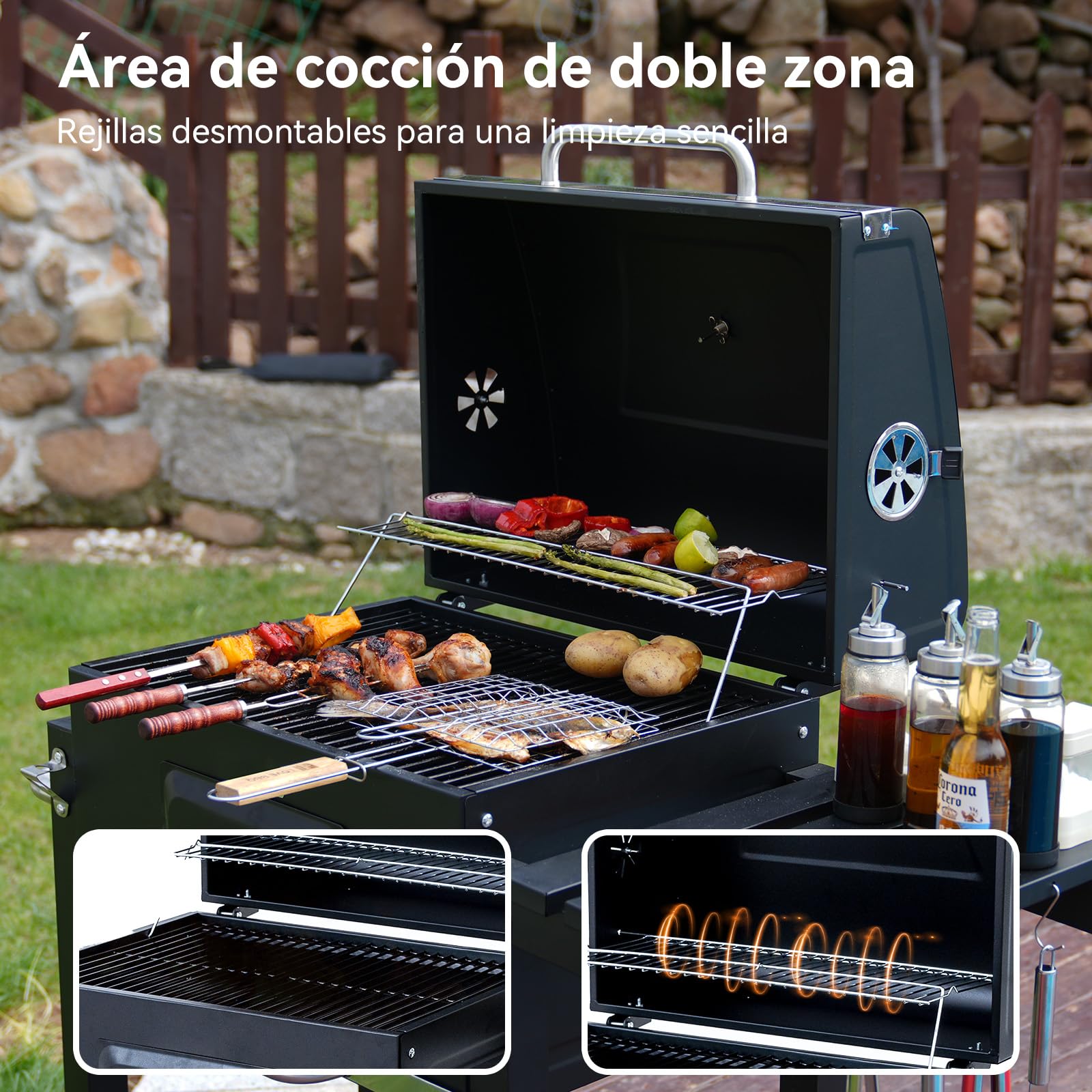 Barbacoa de Carbón, Parrilla con Tapa de Acero de 56×42,5 cm, Bandeja Ajustable en Altura, Mesa Lateral Plegable, Incluye Funda