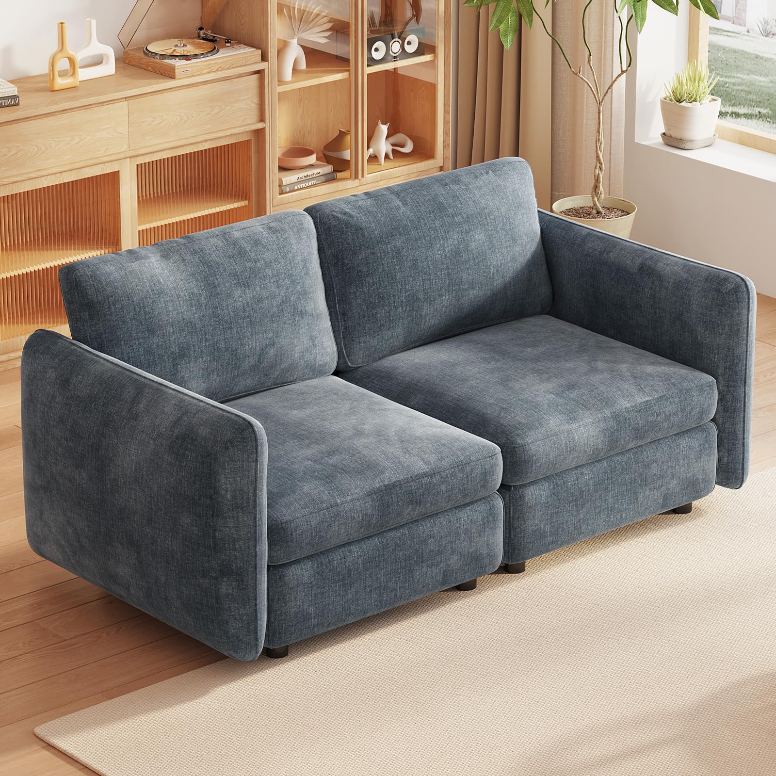 Miuuod Canapé modulaire 2 places en velours avec housses amovibles et lavables - 165 cm - Bleu clair