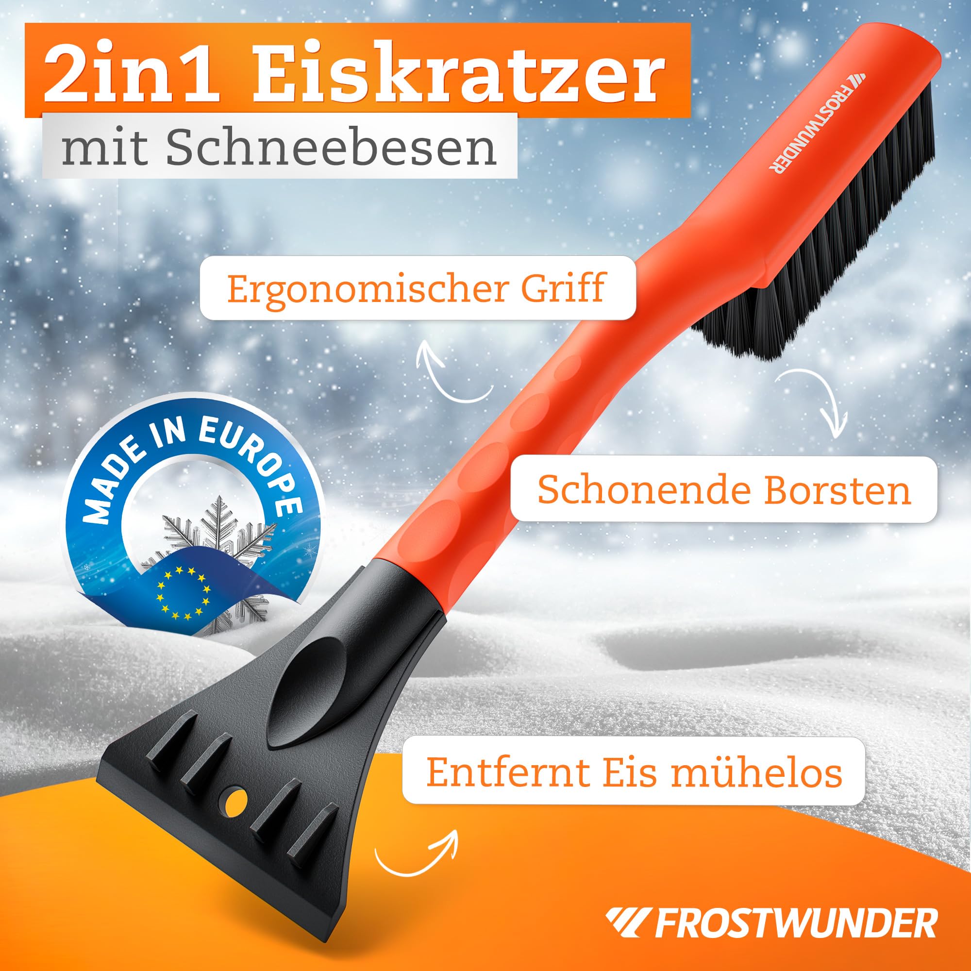FROSTWUNDER Skrobaczka samochodowa z miotłą [Made in Europe] – 41 cm profesjonalna szczotka do śniegu z delikatnym włosiem – łatwa do przechowywania skrobaczka do szyb samochodowych – trwała