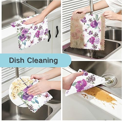 Miniatura 2 de CaTaKu Paños de limpieza reutilizables de microfibra de flores moradas, paños de cocina para lavar platos, paños de cocina con rosas de acuarela