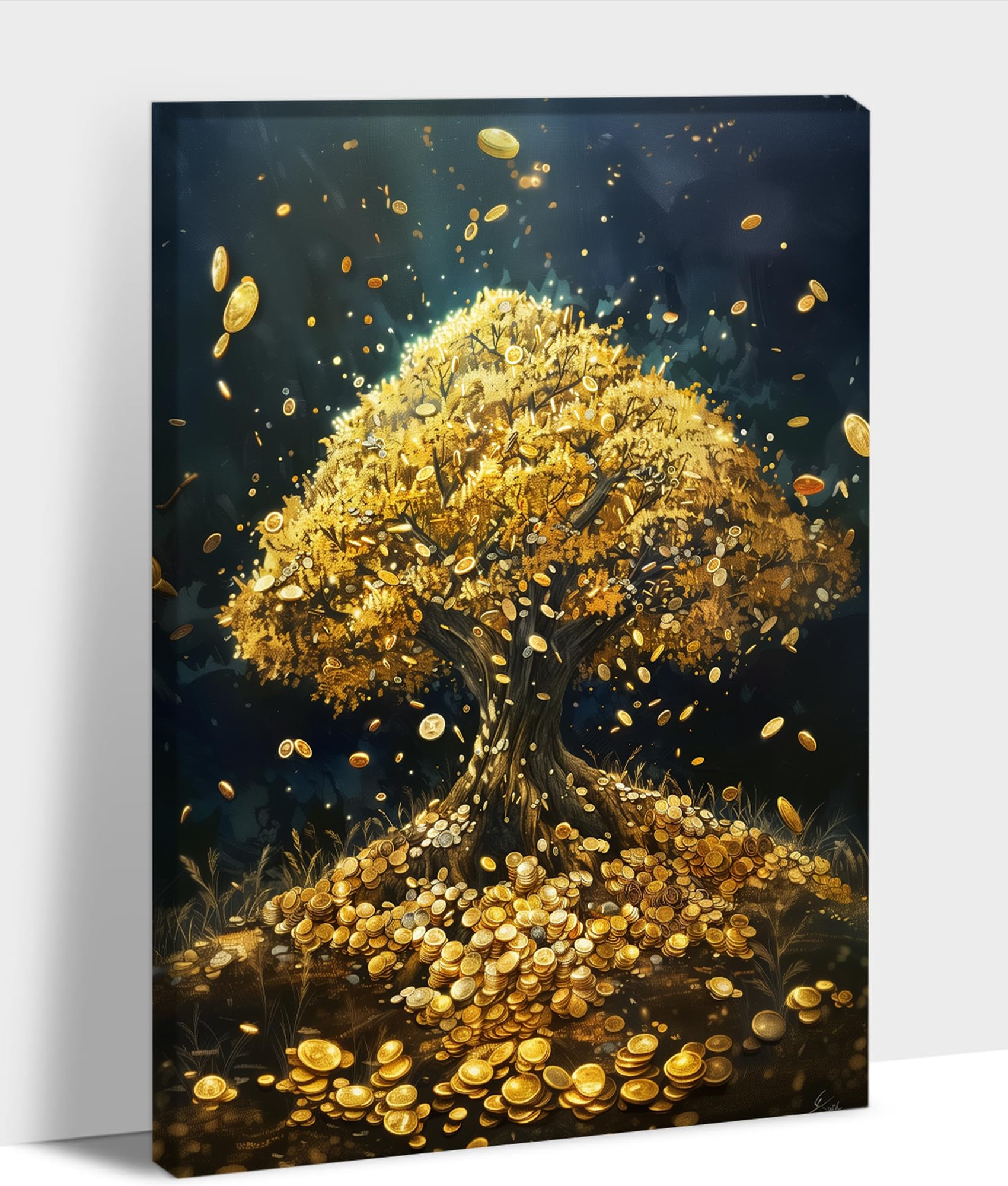 UZMKM Money Tree Wall Art, Tree of Life Canvas Wall Art for Living Room, Golden Coin Tree Wall Paintings Picture Prints for Bedroom, Home Decoration