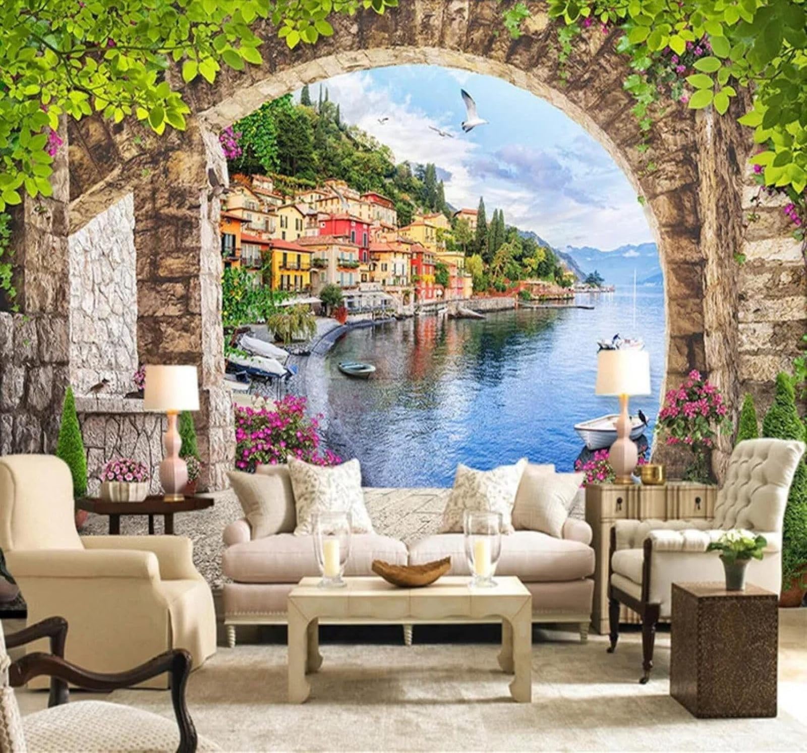 XLMING Creative Arch Seaside Urban Architecture Landscape 3D Wallpaper Silky Texture Home Study Office Grey Dining Room Sofa Bedroom Living Room TV Backdrop-150cm×105cm