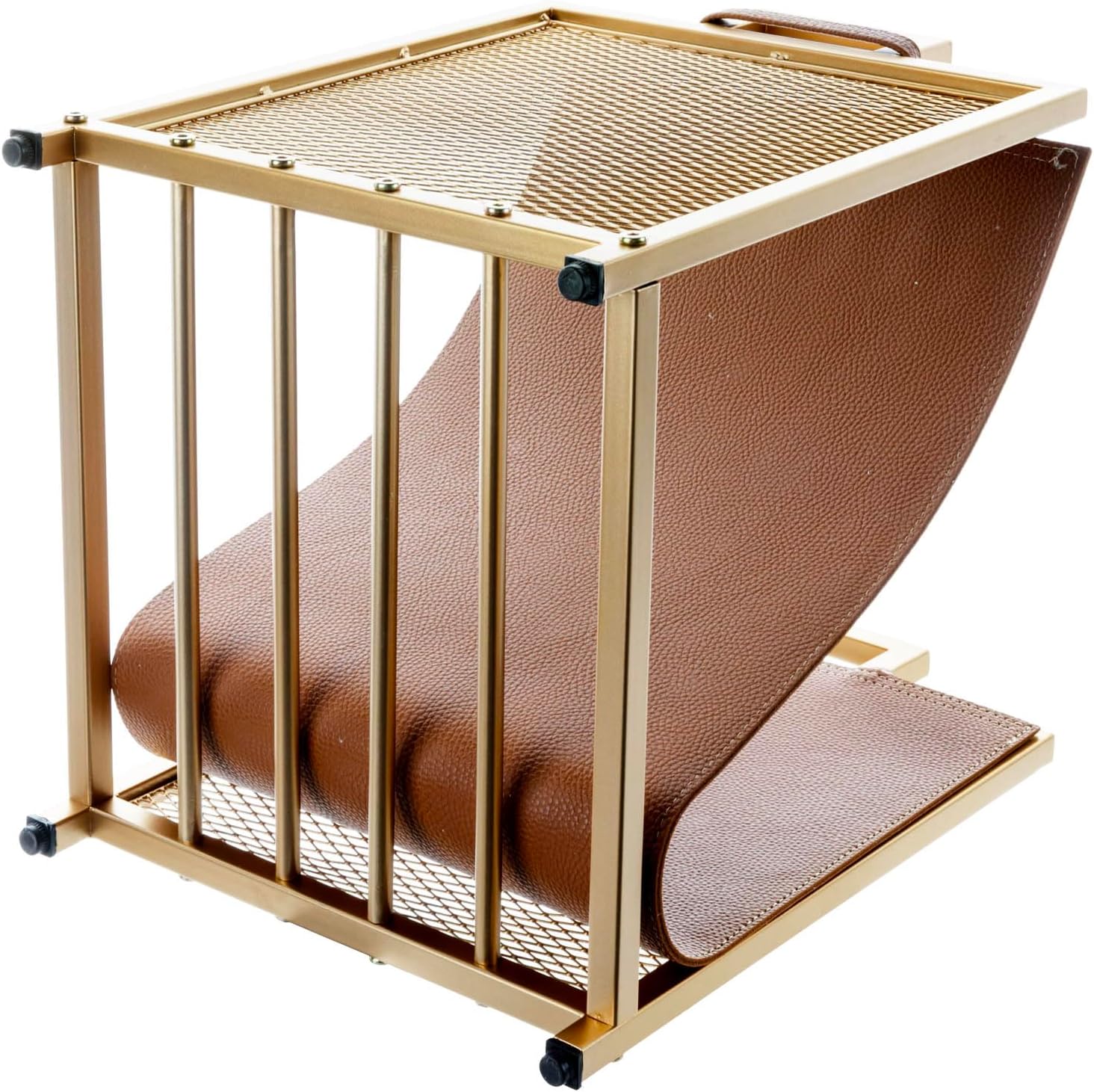 MyGift Modern Gold Tone Metal Firewood Stand with Brown Leatherette Wood Holder Sling, Wire Mesh Design and Top Carrying Handles, Compact Log Splits Kindling Storage Rack