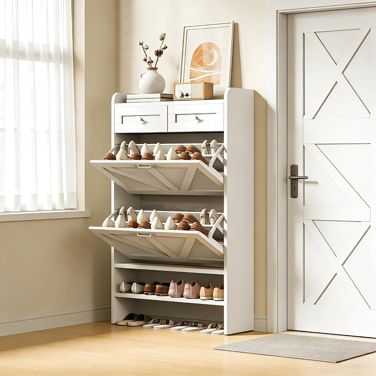 Shoe Cabinet with 2 Flip Drawers & 2 Storage Drawers, Freestanding Shoe Storage Cabinet, Space-Saving Farmhouse Entryway Hidden Cabinet, 51'' Tall Narrow Shoe Rack for Hallway, Front Door (White)