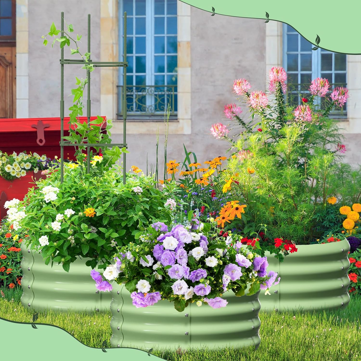 DoCred 3 Pack 2x2x1Ft Round Galvanized Raised Garden Bed, Metal Garden Bed Outdoor with Tomato Cages for Gardening, Above Ground Planter Box for Plants Vegetables Herbs Flowers, Green