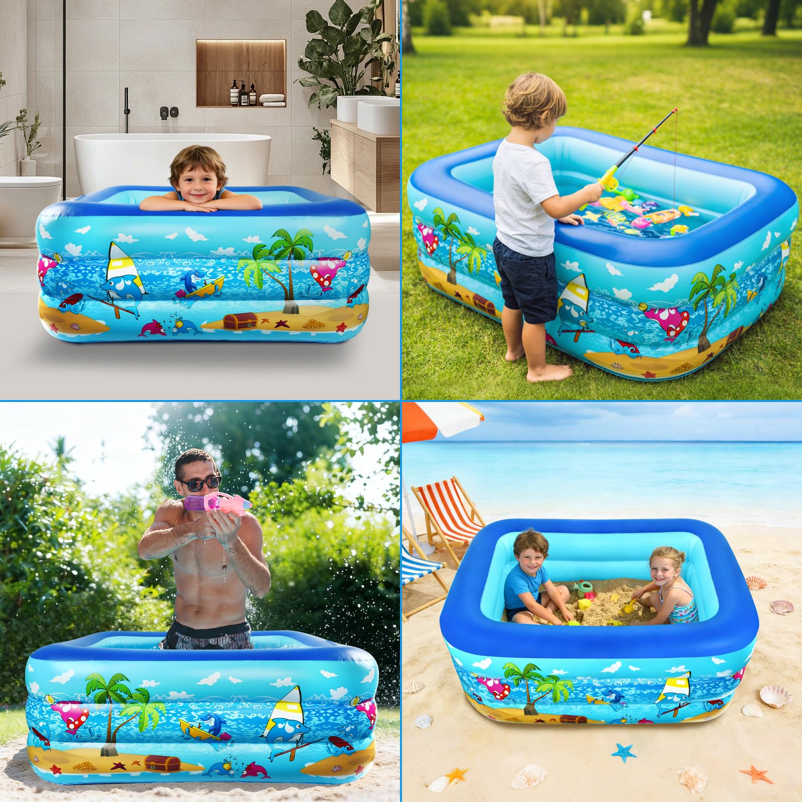Piscina Gonfiabile Bambini 130 x 100 x 50 cm Piscinetta Gonfiabile Bambini 3 Anelli Ispessito Piscine Gonfiabili Piscina per Bambini da Esterno Terrazzo Balcone