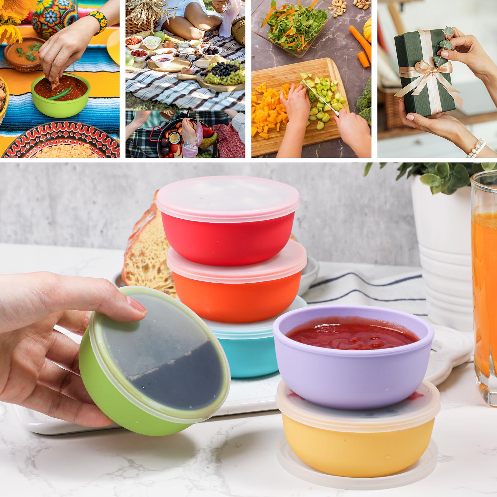 webake 6 cuencos pequeños con tapa de silicona, juego de cuencos de cereales con tapa, cuencos para salsas, aperitivos, postres, salsas y salsas