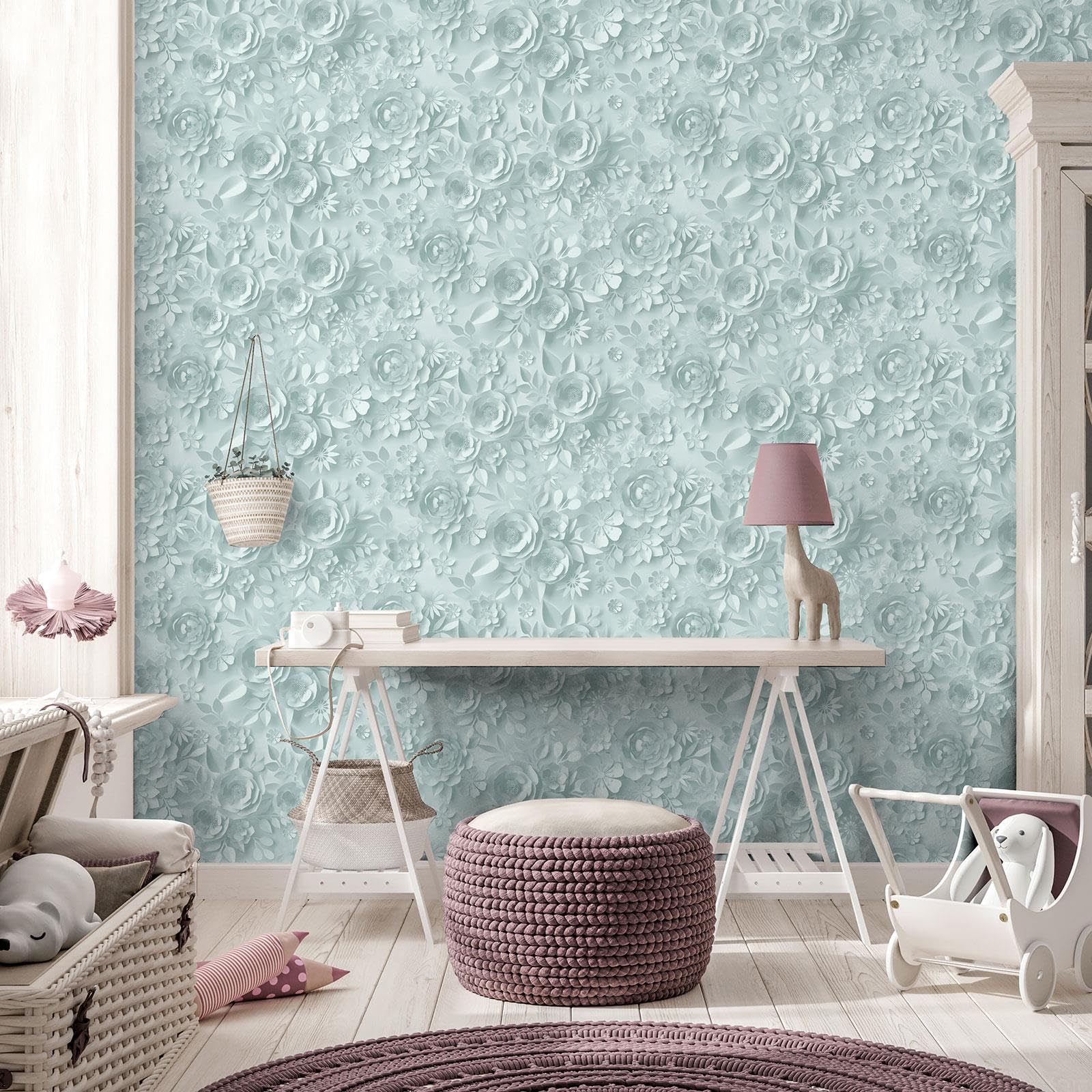 Muriva My Kingdom 3D Textured Effect Origami Flowers Wallpaper - Modern Living Room, Bedroom, Hallway Decorative Luxury Wallpaper - Duck Egg/Teal