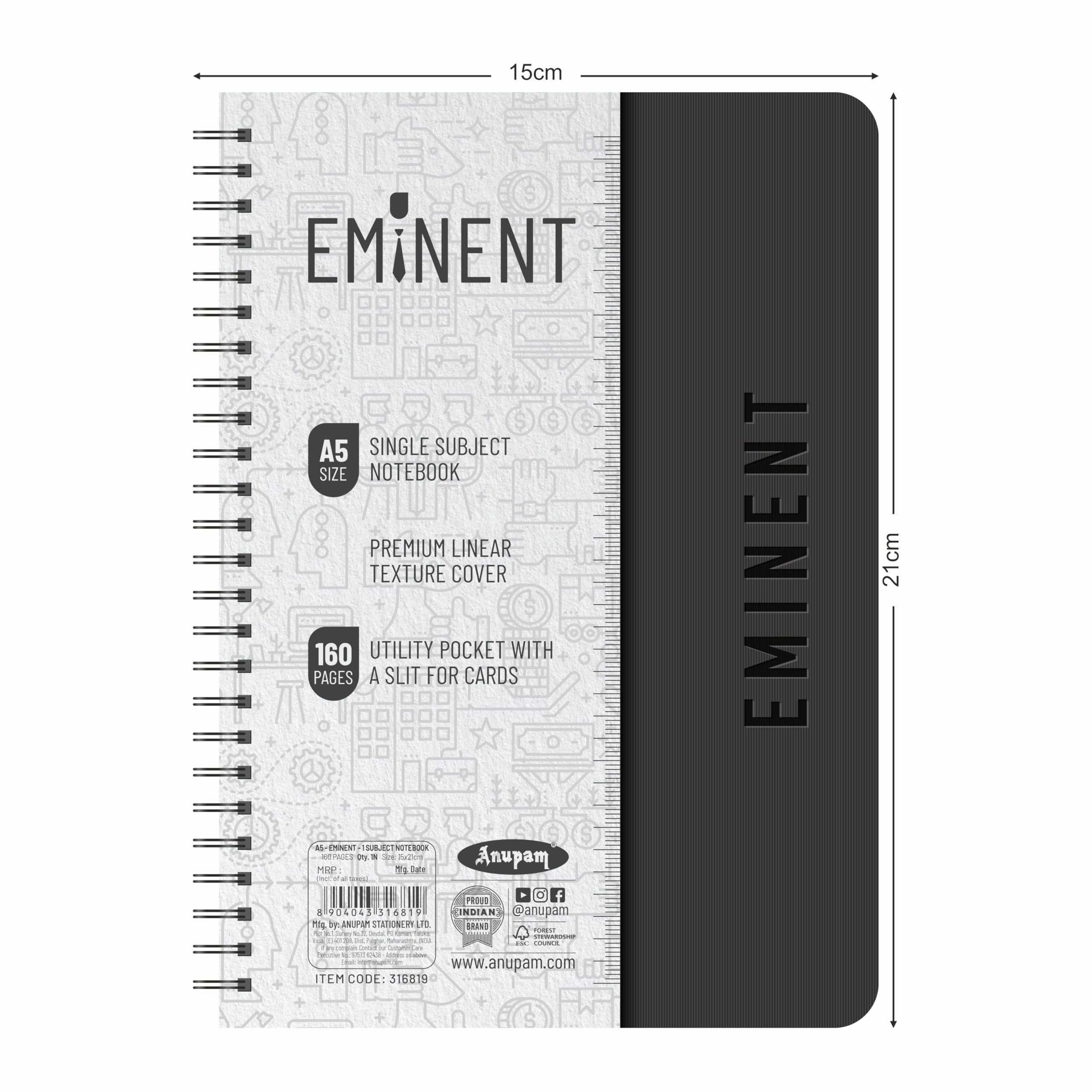 Anupam Eminent Notizbuch, A5, 70 g/m², 40 Blatt (80 Seiten), College-Notizbuch, liniert, spiralförmig, für Arbeit, Schulbedarf, Zuhause und Büro, Schreibtagebuch, 14 x 21 cm