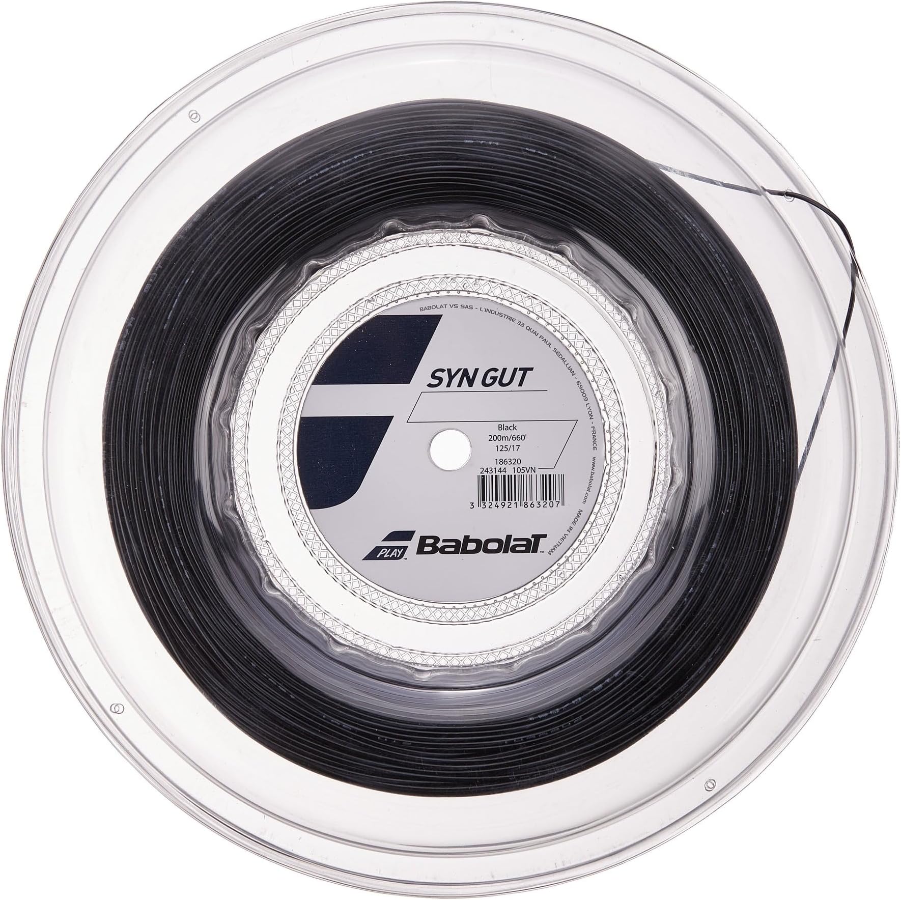 Babolat Synthetic Gut - SYN Gut - Tennis String - Black - 1.25mm/17G - 200m (660ft) Reel
