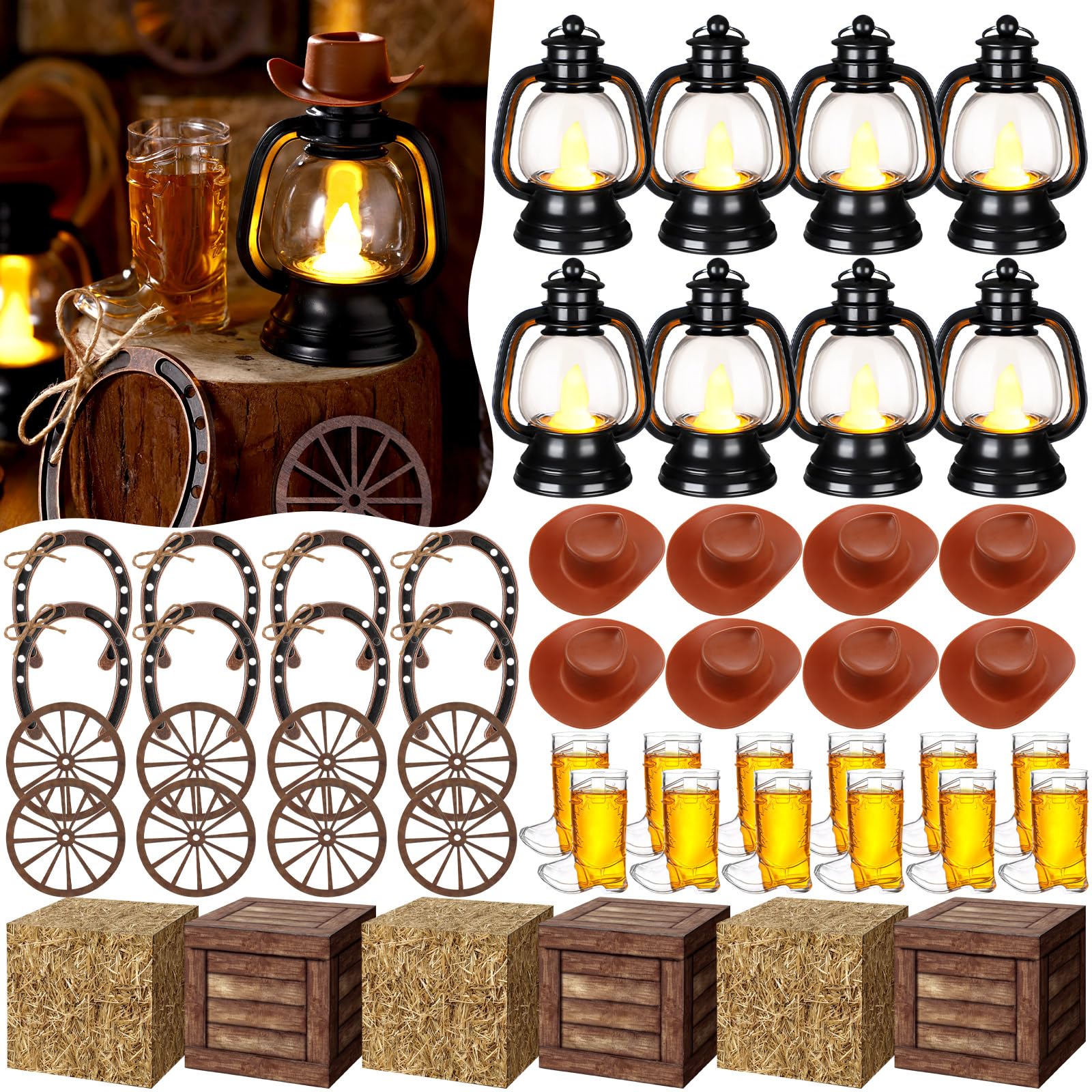 ROCEEI 96 Pcs Western Theme Party Decoration Set Cowboy Themed Party Supplies - Mini Hats Lanterns, Horseshoes, Wagon, Burlap Ropes, Boots Cups, Boxes