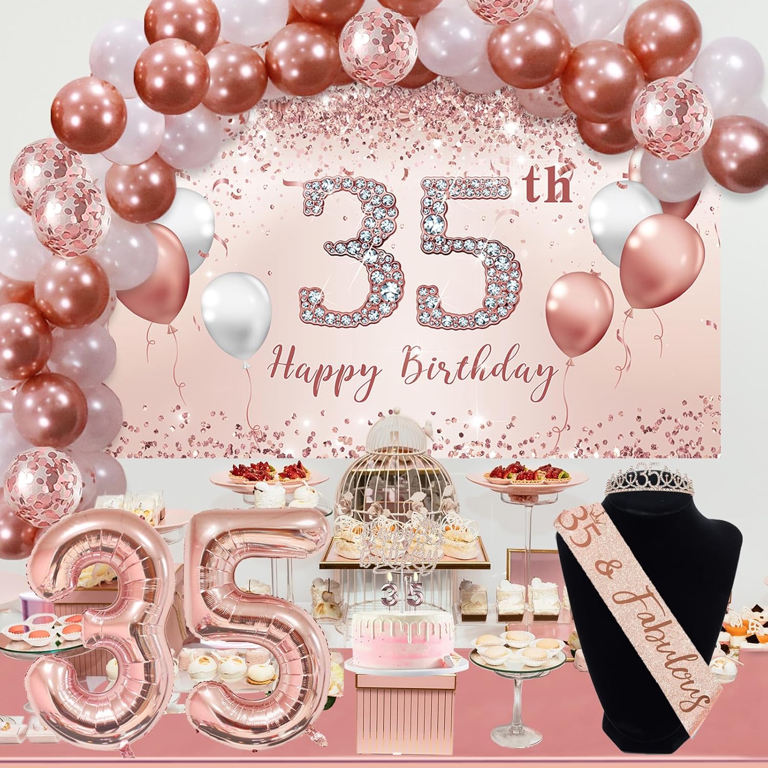 Trgowaul 35th Birthday Decorations Balloon Set Women Arch, Rose Gold 35th Birthday Banner and Party Tablecloth, Belt and Tiara, Pink Gold 35th Balloons, Pink Cake Topper, Latex Balloon * 60 - Image 5