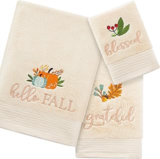 Peryiter 3 Pack Fall Bath Towels Set -Cotton Fall Pumpkin Embroidery Han...