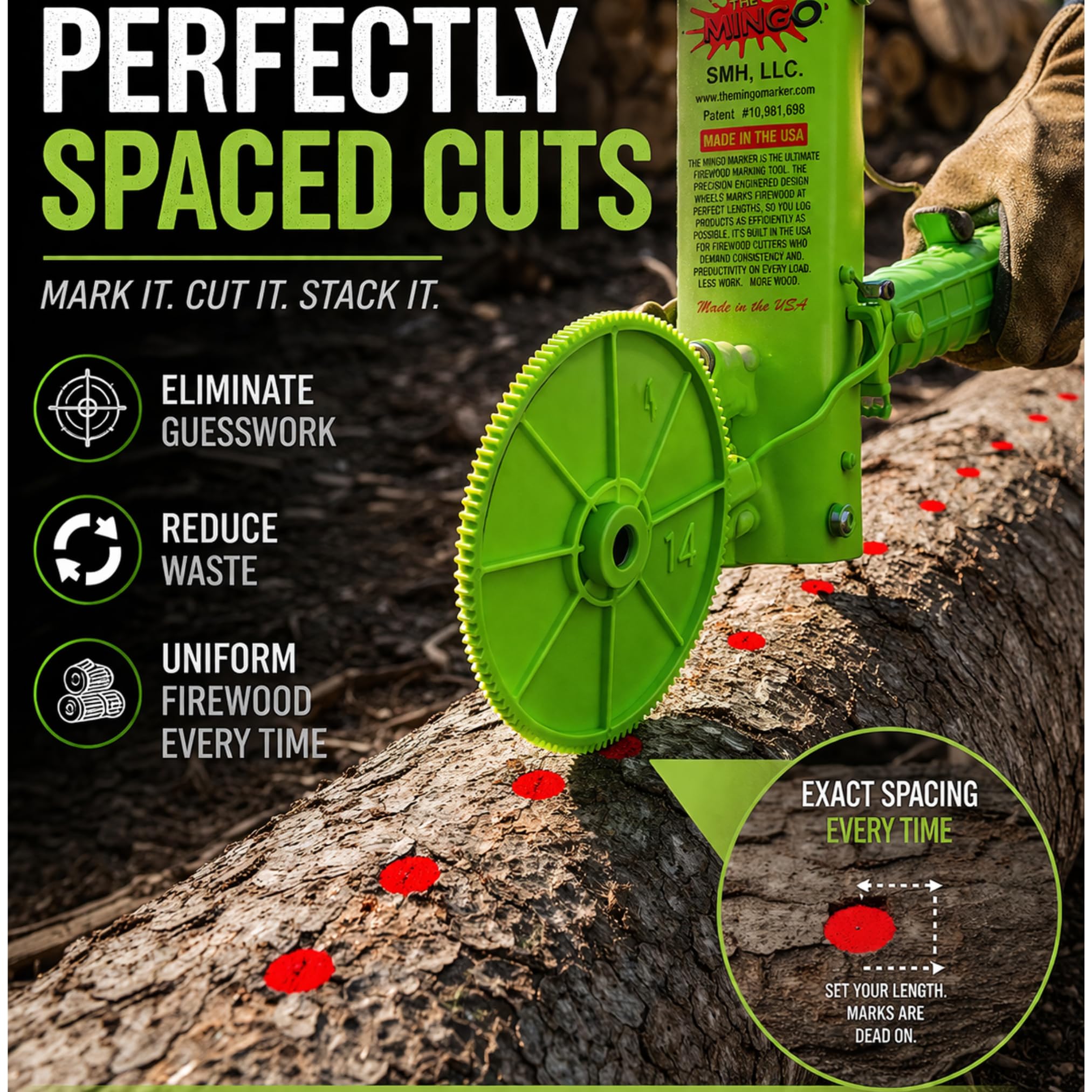 THE MINGO Marker Firewood Marking Wheel -Chainsaw Firewood Measuring Tool Marking - Measuring Marker - Mingo Marker Firewood Cutting Tools - Firewood Logging Tools - USA Made (18" Marking Wheel) — Amazon image 8