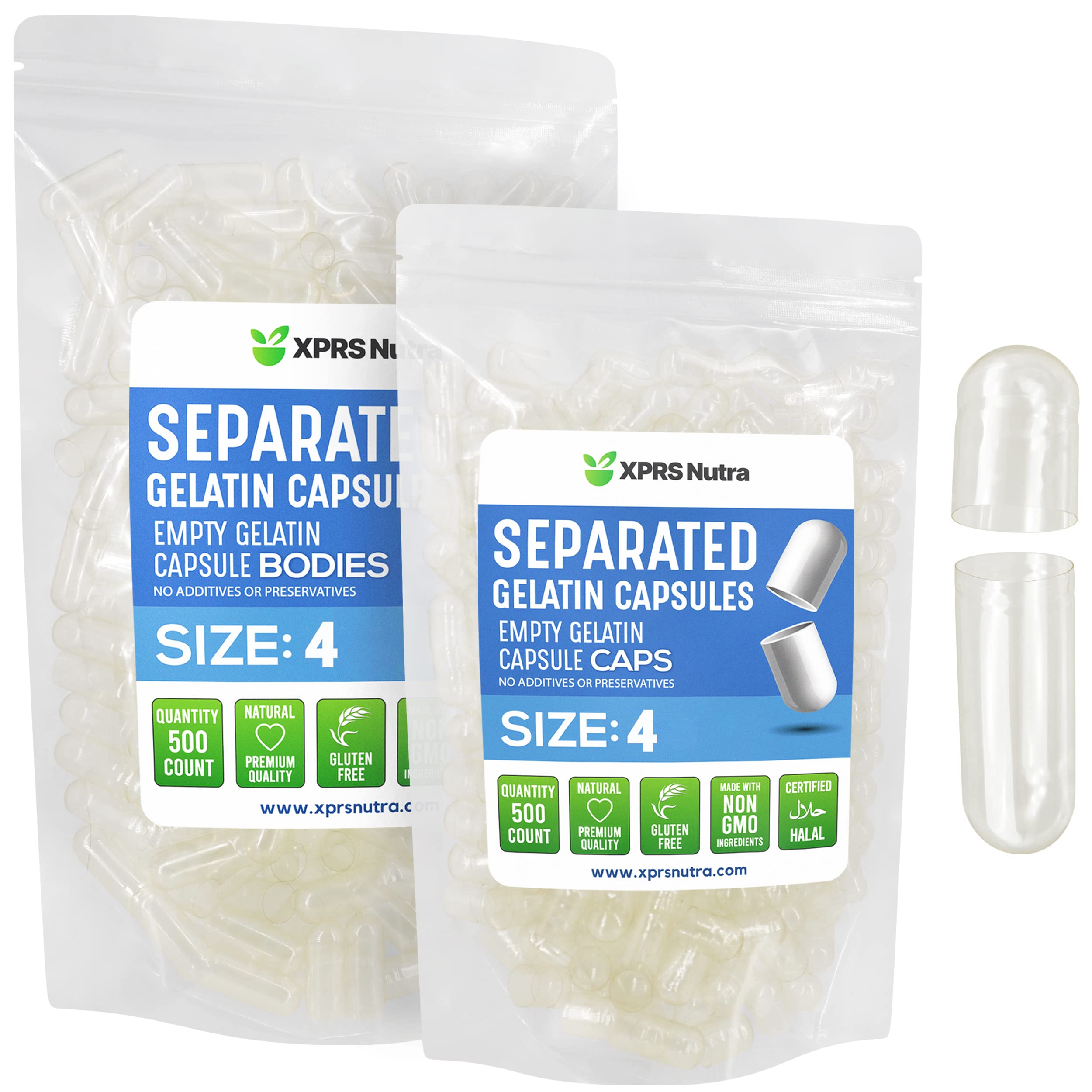 XPRS Nutra Gelatin Size 4 Separated Capsules - 500 Count Clear Small Empty Capsules Separated in Bags - DIY Fillable Pill Caps - Size 4 Gel Do-It-Yourself Vitamin and Supplement Filling 500 Count (Pack of 1) Clear