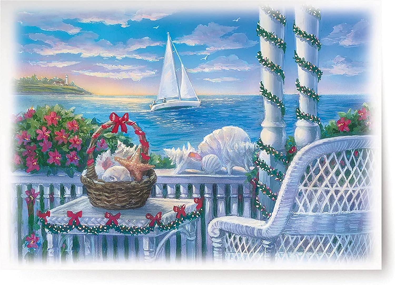 Red Farm Studios White Chair, Porch and Sailboat Box of 18 Nautical Coastal Christmas Cards, waterfront view (125-00891-000)