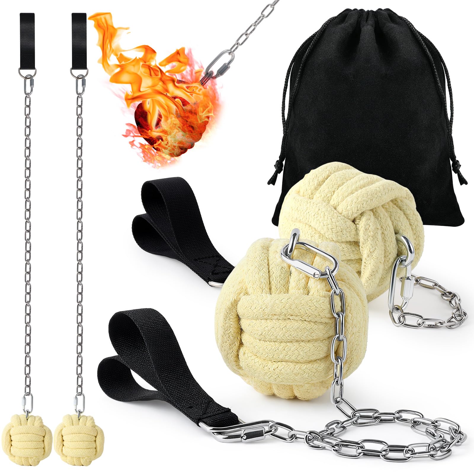 Shimeyao 2 Pack Fire Poi Set for Dancing with Storage Bag 3 Inches Woven Aramid Fiber Heads 24 Inch Tip-to-tip Length Poi Fire Dancing Balls Equipment for Festivals & Performances All Levels of Gamer
