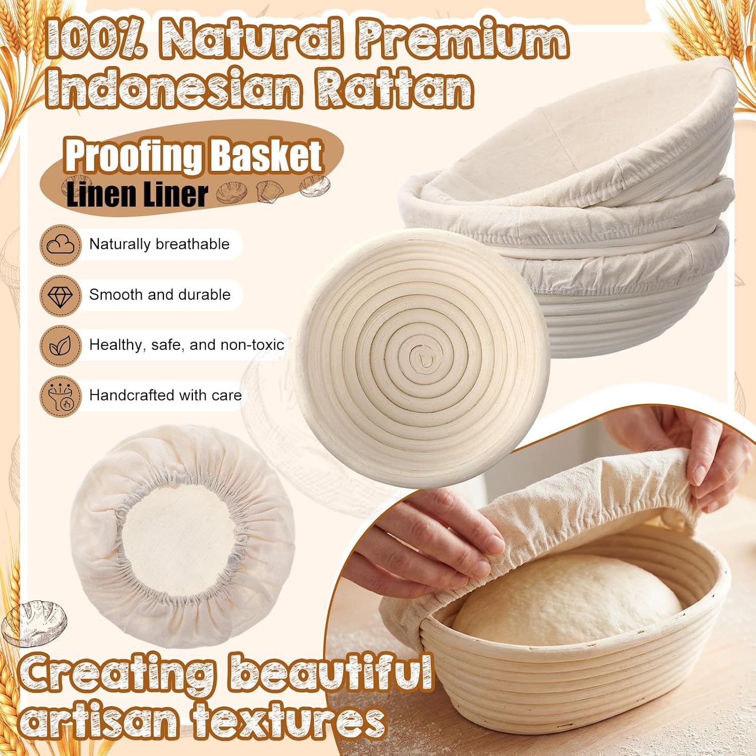 Nitial Sourdough Starter Kit,3 x 9" Round and 3 x 10" Oval Banneton Proofing Basket Bread Baking Supplies Sourdough Kit Tools 24 oz Glass Starter Jar for Baker Women Wife