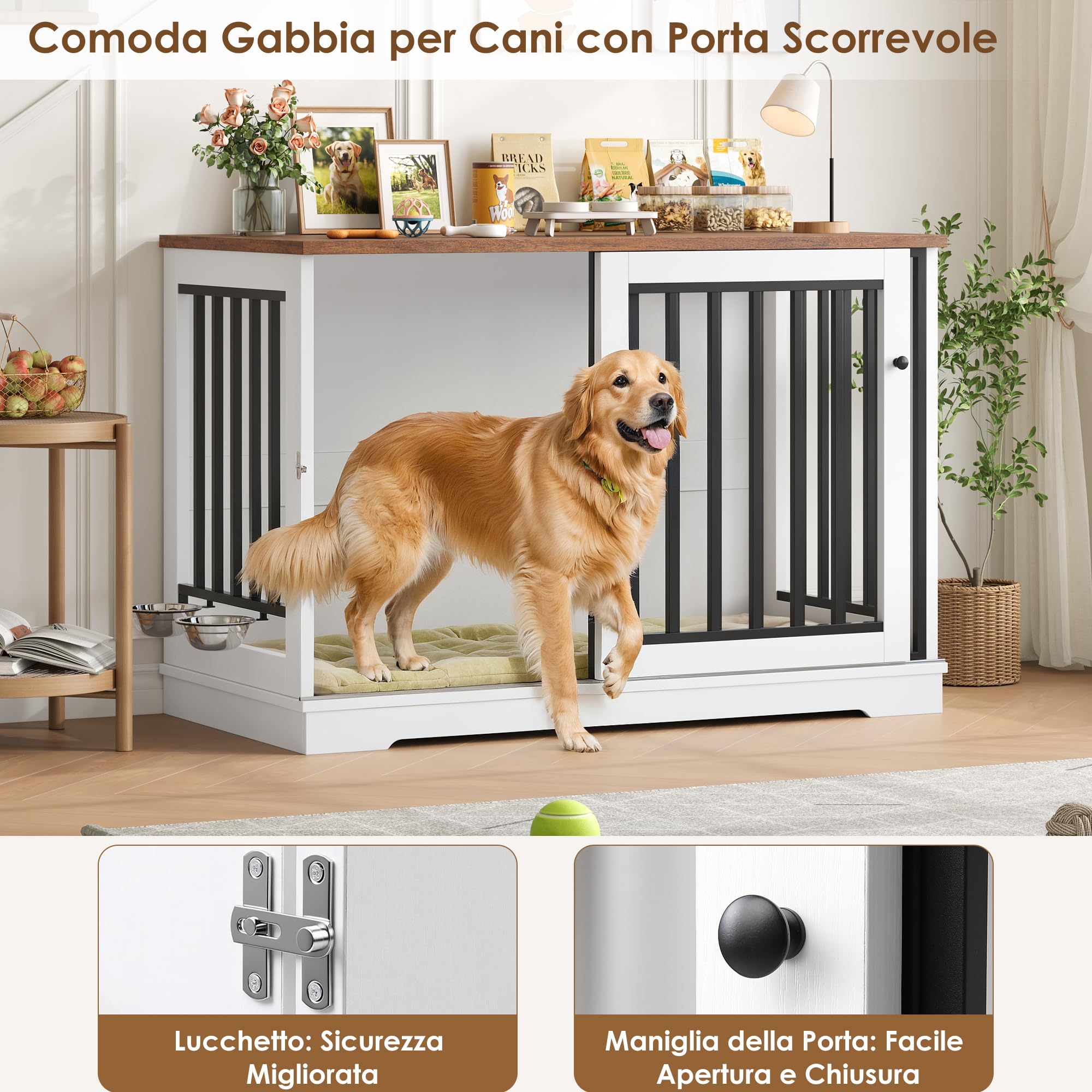 FirFurd 120 cm Gabbia per Cani, Kennel Cane Grande con Porta Scorrevole, con 2 Ciotole che Ruotano di 360°, Cane Kennel in Metallo e Legno, 120x60x90cm (Bianco+Marrone)