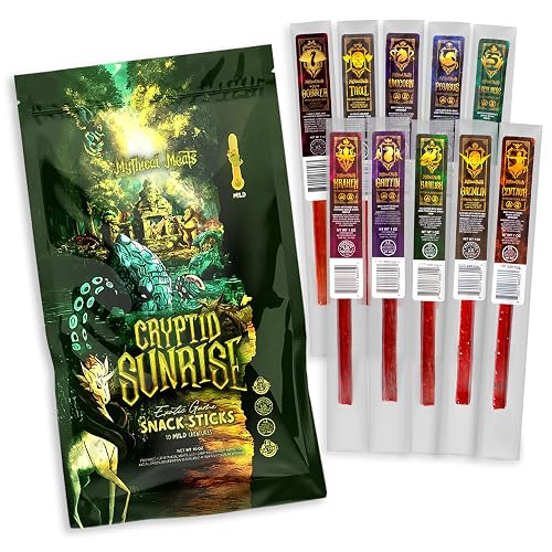 Mythical Meats Cryptid Sunrise Mild Variety Pack – 10 Legendary Exotic Game & Beef Snack Sticks – Dried & Dehydrated Meats Seasoned to Perfection – Bold Flavors, Low Sugar & High Protein Snacks - Cryptid Sunrise (Mild) - 1 Ounce (Pack of 10)