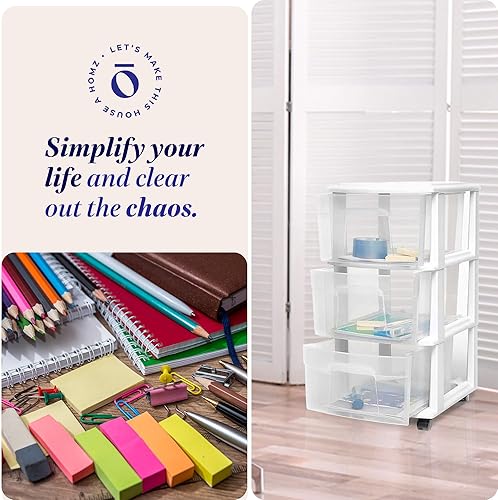 Vista 7 de HOMZ Drawer Tower, 3-Tier Clear Plastic Storage Organizer Cart, White Frame - Heavy-Duty Organizing Drawers for Home, Bedroom, and Closet Blanco