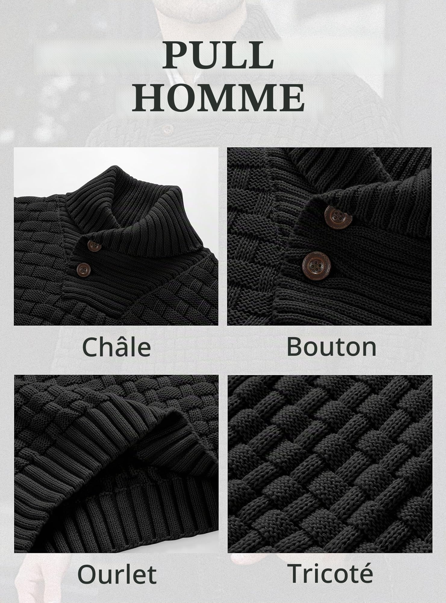 HYPESTFIT Pull d'hiver pour Homme,Motif Columbia, mélange Cachemire et Laine, Chaud et Confortable, col Montant, Manches Longues, Tailles S à 5XL