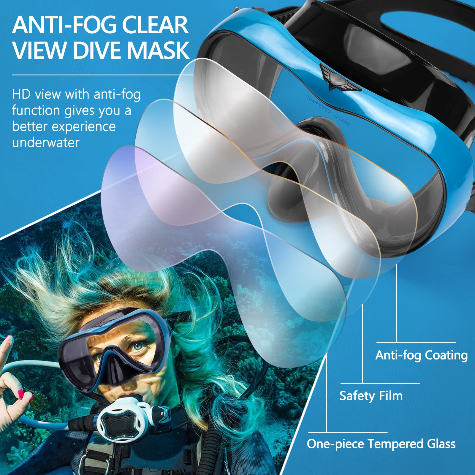 Gafas de natación, gafas de buceo antivaho con cubierta para la nariz, máscara de buceo de silicona antifugas para adultos, máscara de natación de vidrio templado HD de 180 grados para esnórquel con